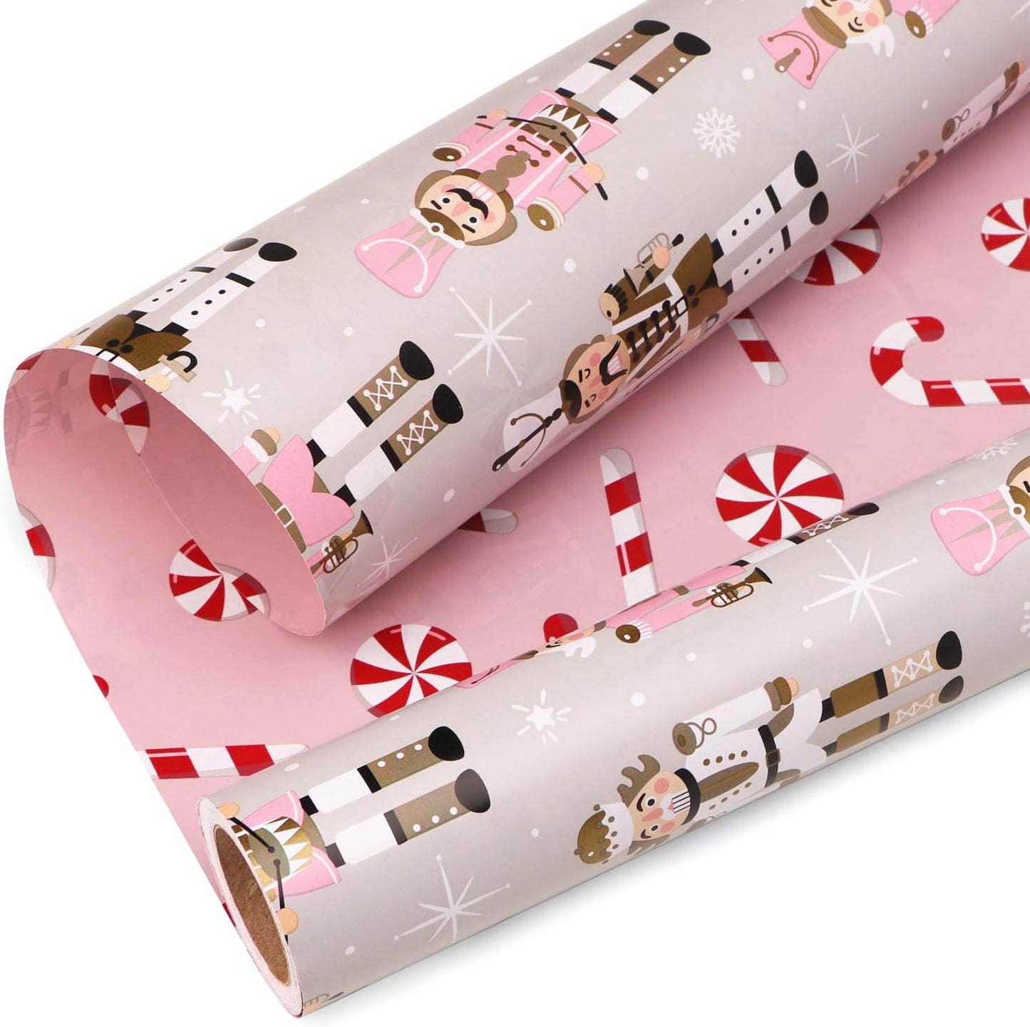 Ribbli Reversible Christmas Wrapping Paper Rolls, Nutcracker and Candy Cane Pink Gift Wrapping Paper-17 Inch x 33 Feet