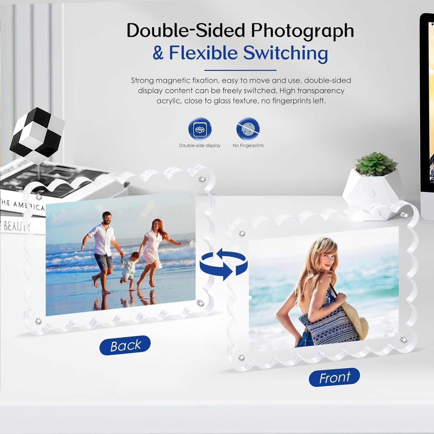 6Pack Acrylic Magnetic Photo Frame 5x7 Inch - Sleek Scalloped Design, 10+10mm Thick Crystal Clear Block, Freestanding Double-Sided Magnet |Trendy Home Gift (6 Pack, 5X7)