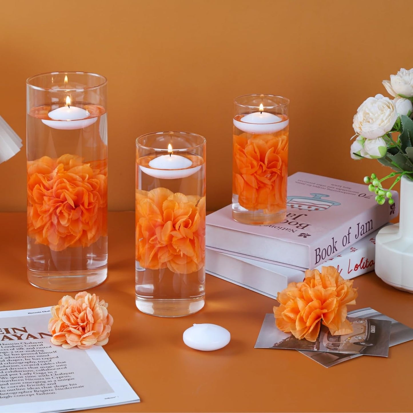 24 Pcs Floating Candles for Centerpieces and Floating Flowers Vase Fillers for Centerpieces Orange Artificial Flowers for Wedding Table Party Home Decoration