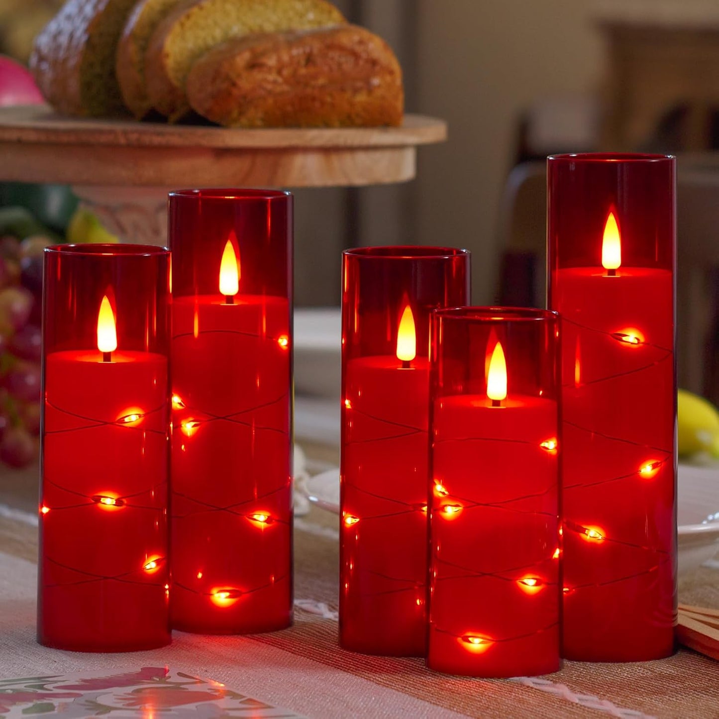 Red Flameless Candles with Remote and String Light, 2.2"x 5",5",6",7",7",8" LED Battery Operated Plastic Flickering Timer Pillar Candles(Pack of 6,Turn On/Off String Light Mode)