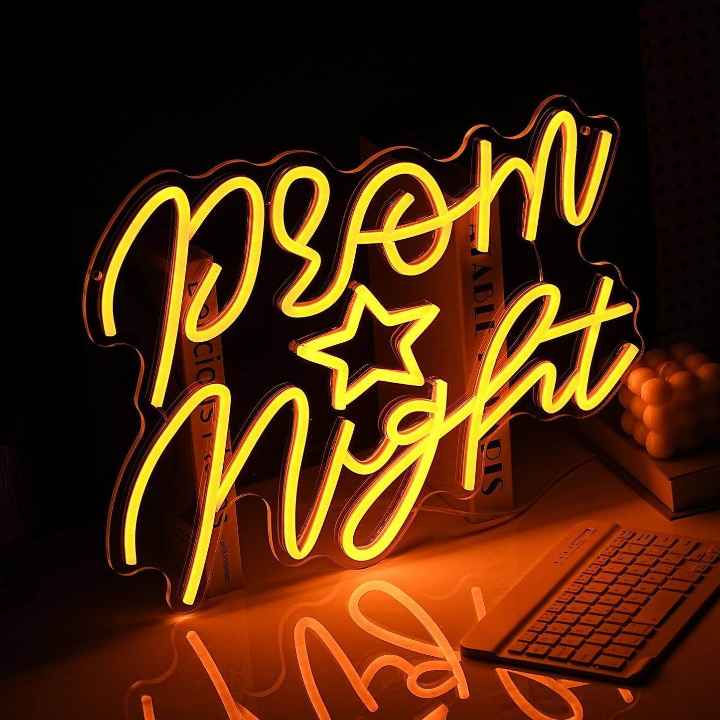 Prom Night Neon Sign for Wall Decor Yellow LED Words Neon Light by USB Powered Dimmable Prom Night Light Up Sign for Prom Birthday Wedding Christam Party Bar Decor(16.1 * 12.6In)