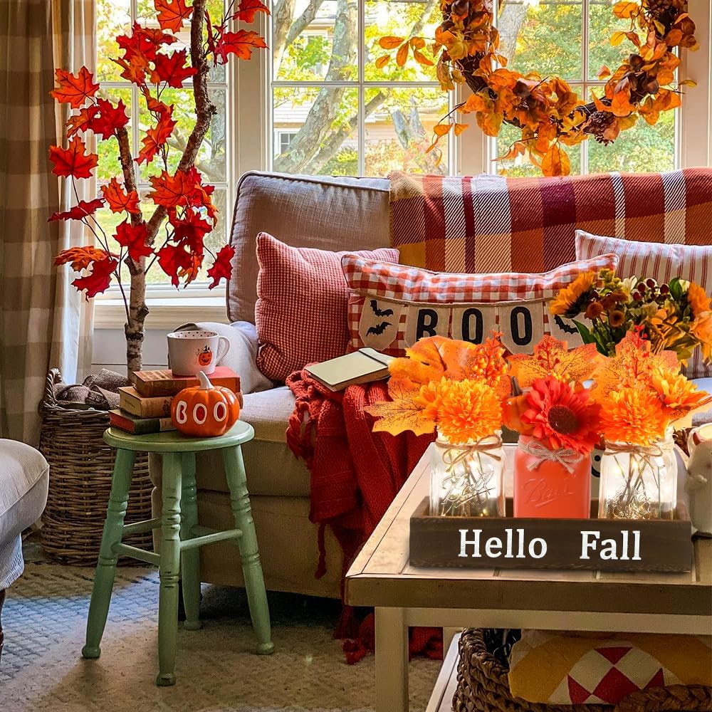 DIYDEC 3PCS Fall Mason Jars 3 * 5Inch Lighting Painted Thanksgiving Tiered Tray Decorative Jars with Wood Tray &Artificial Flowers Wishing Bottles for Autumn Holiday Home Table Centerpiece Decor Gift