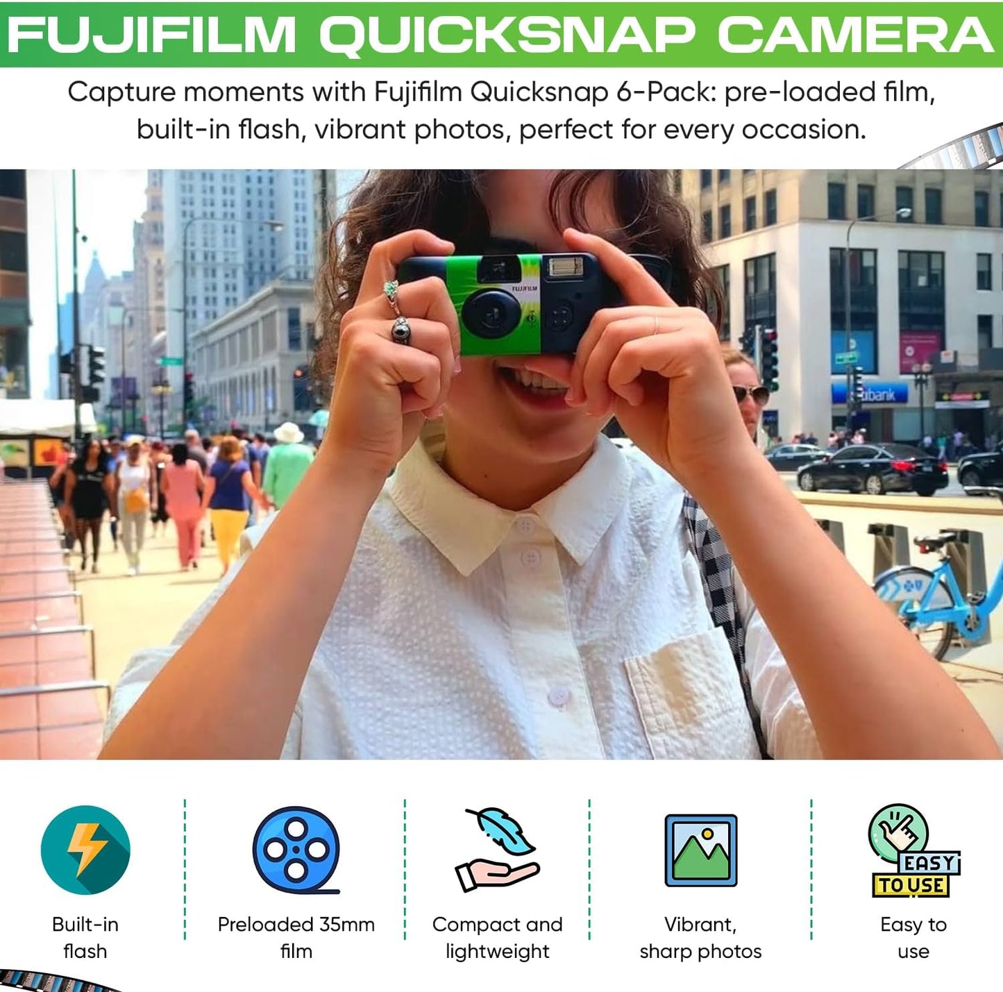 Fuji Film Quicksnap Flash Disposable Camera 400 Iso, 6 Pack, 35mm 27 Exp,with Balveli Coth, Fuji Film Disposable Camera Bulk, 6 Pack of Fuji Disposable Cameras.