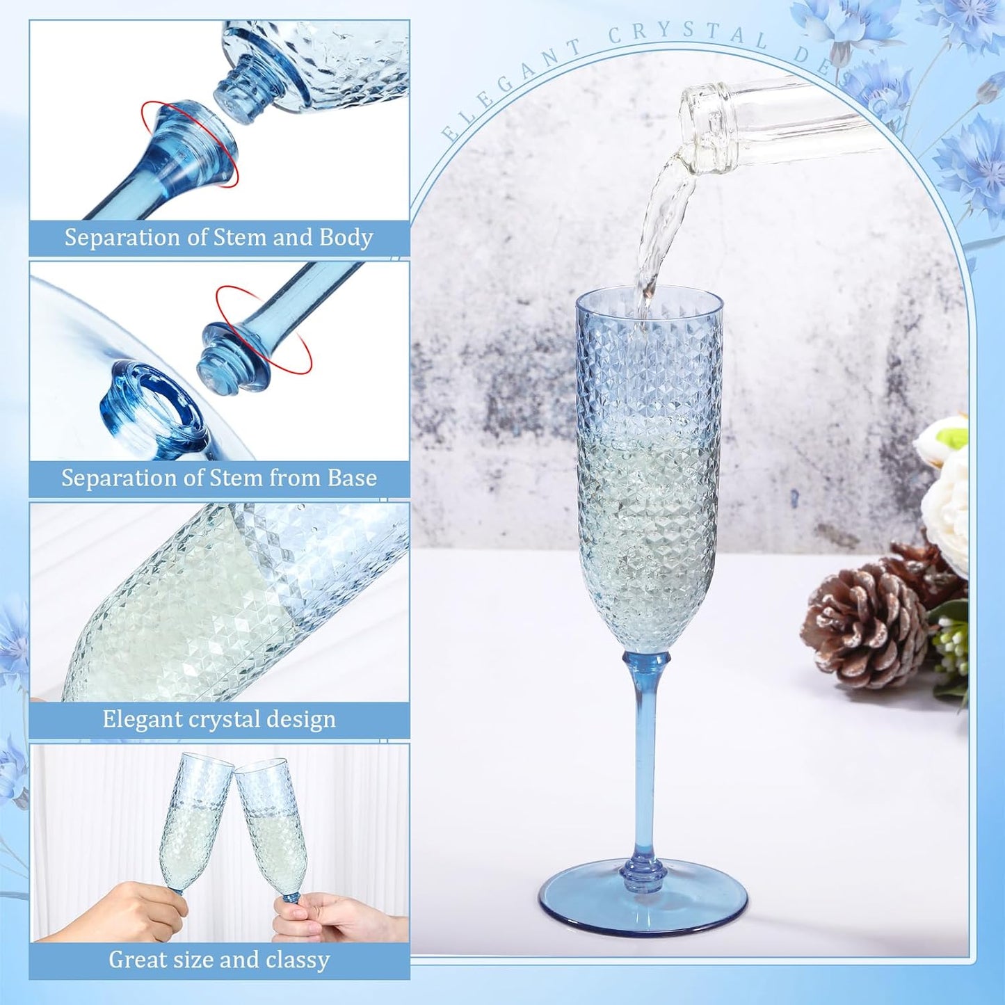 Remerry 24 Pack Detachable Plastic Champagne Flutes 5.5 oz Champagne Glasses Bulk Disposable Mimosa Glasses Reusable Wine Cups for Wedding Toasting Baby Shower Birthday Party New Years (Blue)