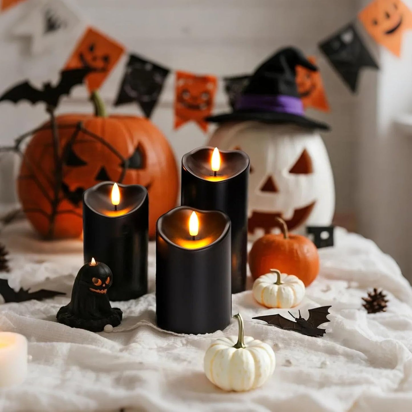 Amagic Black Halloween Flameless Candles with Remote, Waterproof Outdoor Candles Battery Operated with Timer, Plastic Flickering LED Pillar Candle for Holiday, Theme Party, Pumpkin Decor, Set of 5