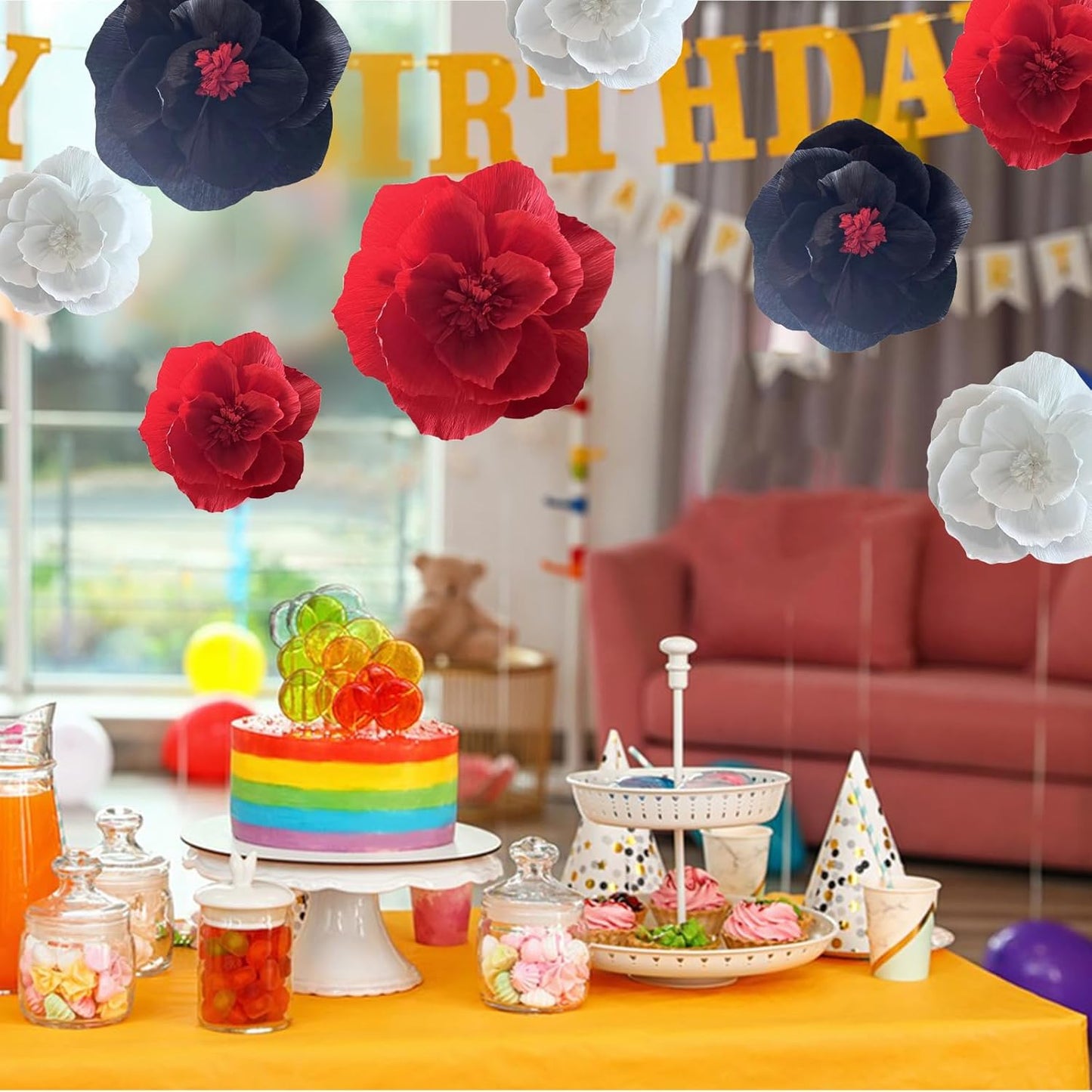 BRT Bearingshui Crepe Paper Flowers Decoration for Wall Total 9 Pcs, Artificial Flowers for Wedding Flower Backdrop Decor, Baby Bridal Shower Birthday Party, Red Black White 3D Wall Flowers Decor