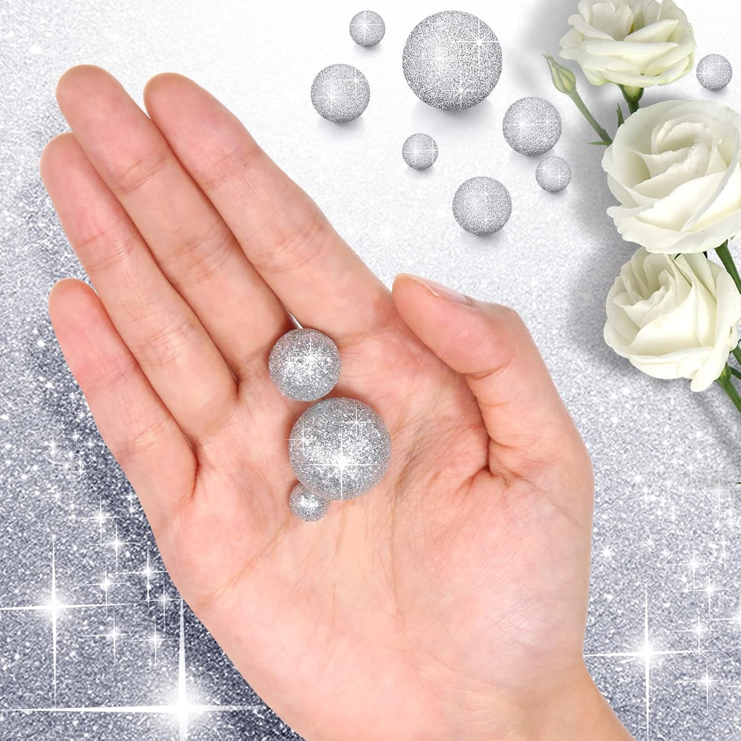 150 Pieces Vase Filler Faux Pearls Vase Makeup Beads No Hole Gloss Bead Mixed Sizes Round Pearl for Home Party Wedding Decor, 8/14/20 mm(Glitter Silver)