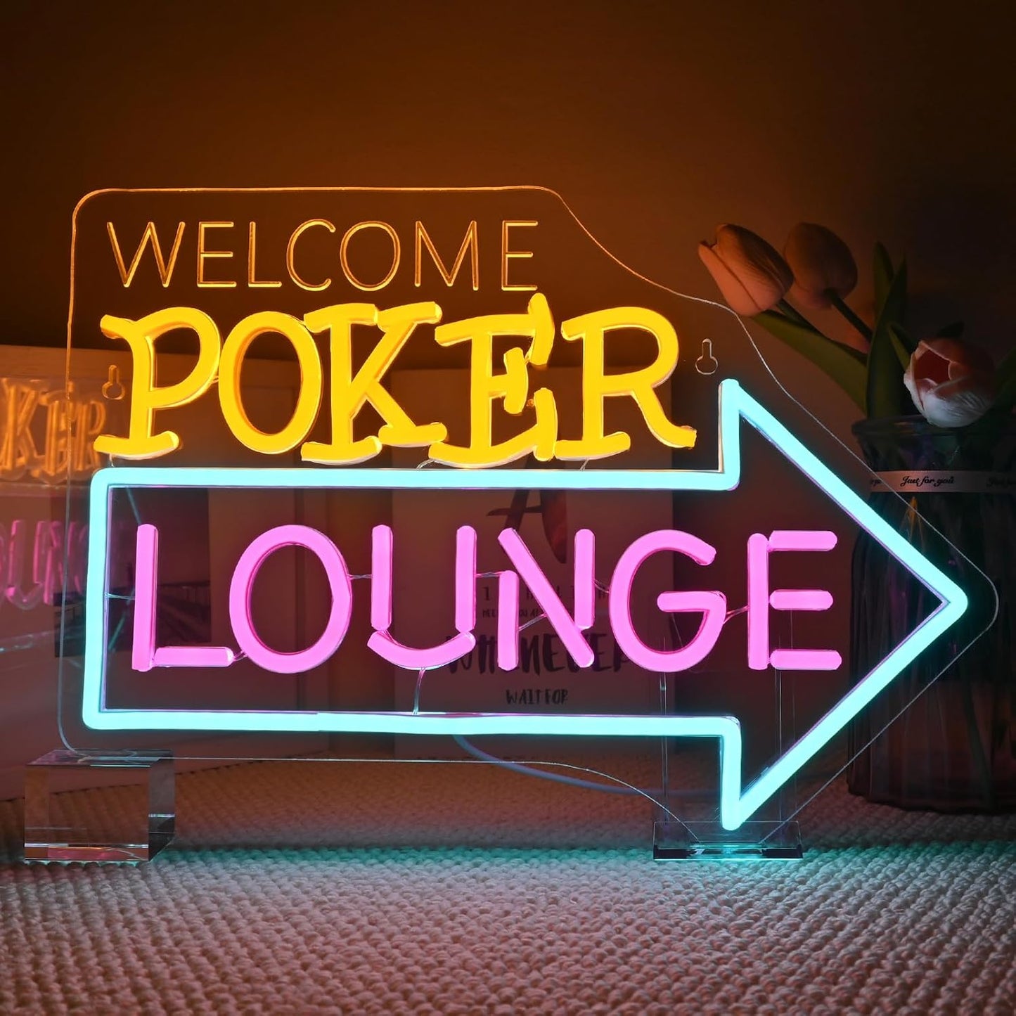 Looklight Welcome Poker Lounge Neon Sign for Wall Decor Right Arrow LED Light Sign Decoration for Bedroom Casino Bar Hotel Play Room Birthday Party, Suitable for Dormitory Man Cave