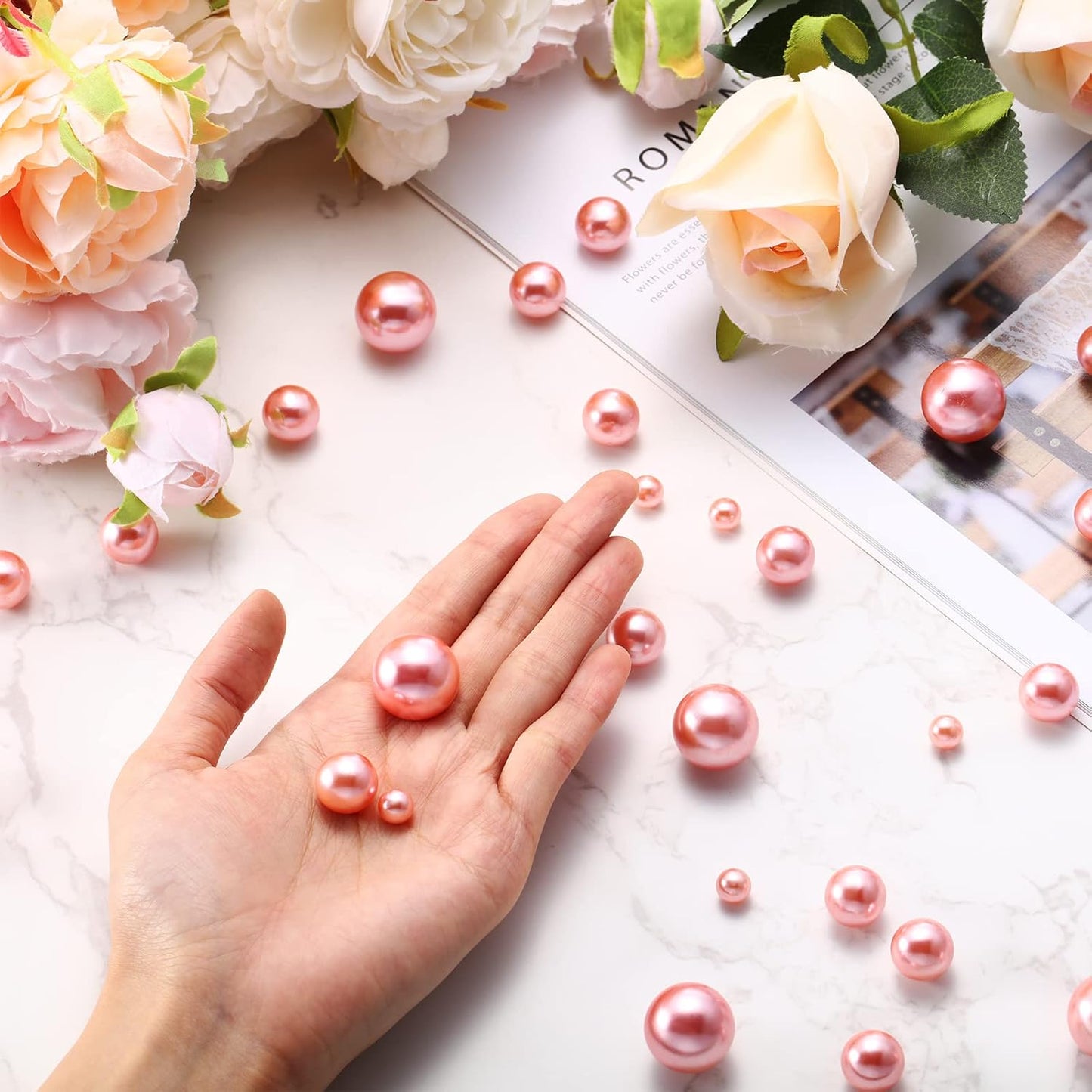 150 Pieces Vase Filler Faux Pearls Vase Makeup Beads No Hole Gloss Bead Mixed Sizes Round Pearl for Home Party Wedding Decor, 8/14/20 mm(Rose Gold)