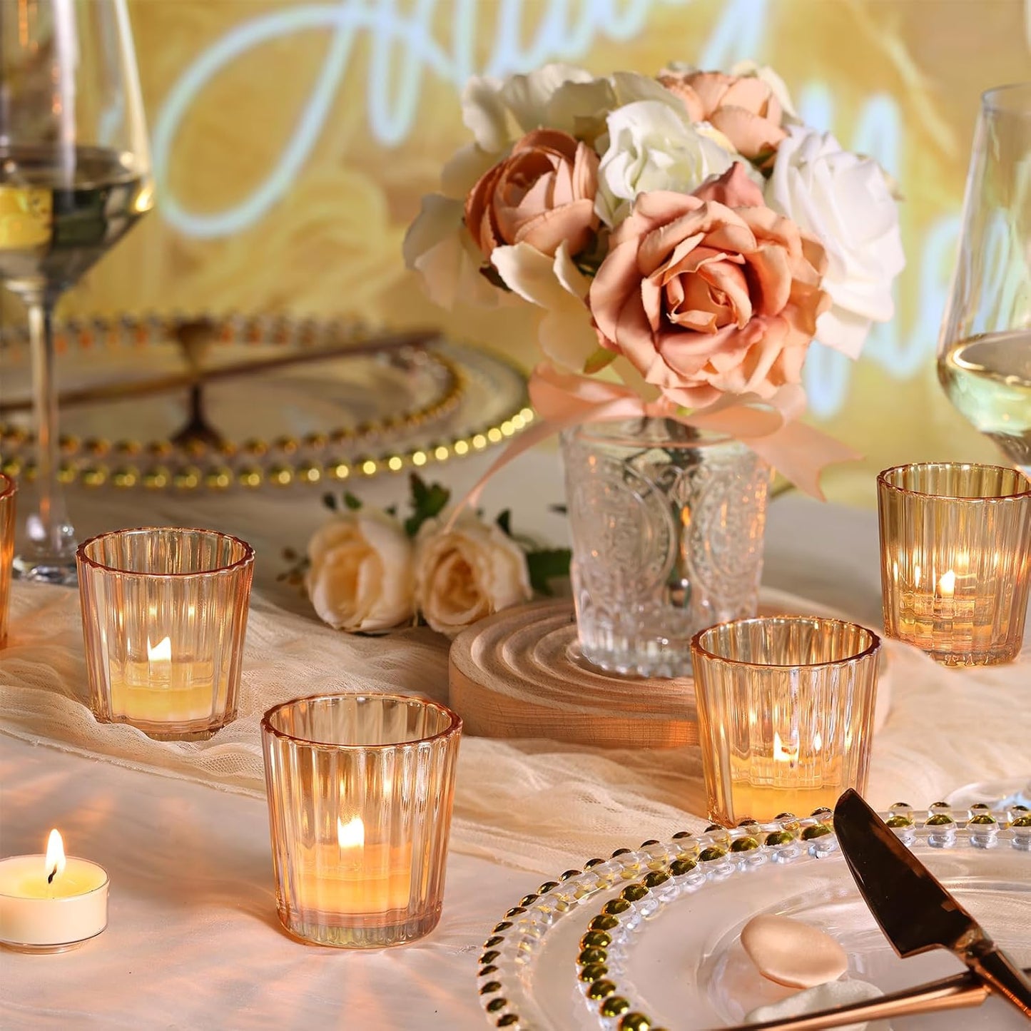 24PCS Vintage Ribbed Gold Votive Candle Holders, Glass Candle Holder for Wedding Decorations, Tealight Candle Holder for Table Centerpiece, Diwali, Home and Party Decorations