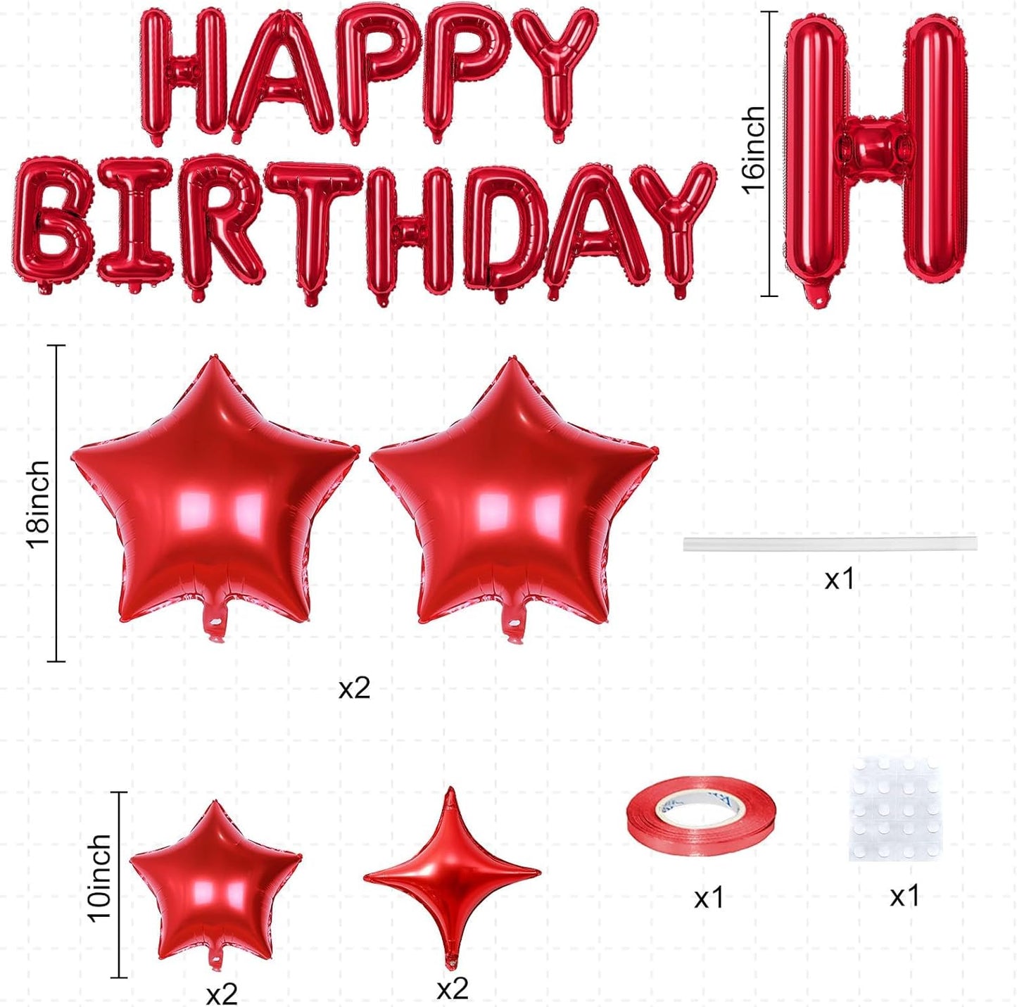 Red Happy Birthday Balloon Banner, 16 Inch Mylar Foil Letter Balloons, Reusable Birthday Decorations with Red Star Foil Balloons, Inflatable Party Supplies for Women Girls Decorations