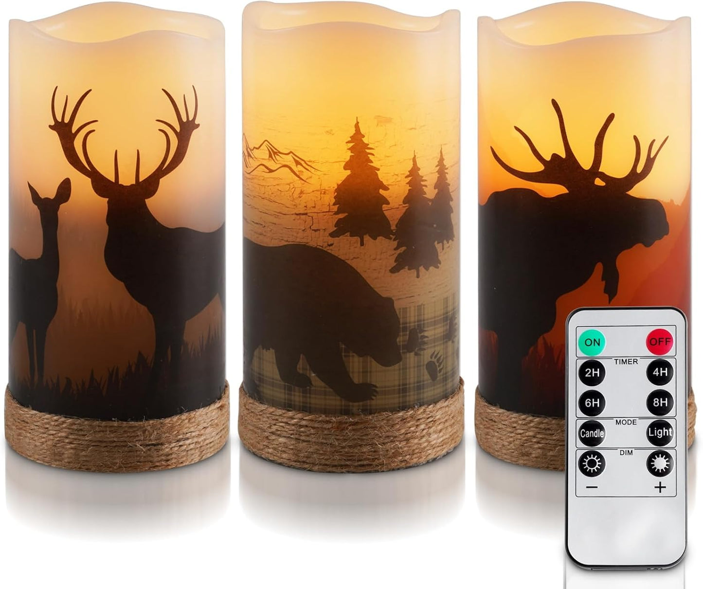 Homemory Christmas Flameless Candles Battery Operated with Rope, Deer, Bear, Moose, Remote Control and Timers, Rustic Country Home Farmhouse Cabin Decor Gifts, 3”x 6”