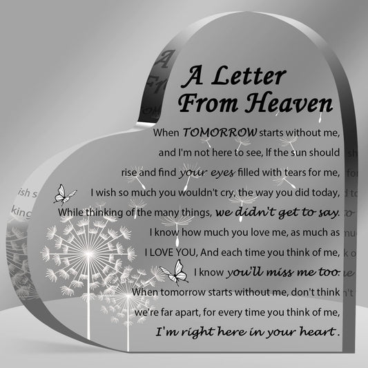 Sympathy Gifts - A Letter from Heaven- Memorial Gift for Loss of Mother Father Husband Son, Acrylic Heart Keepsake,Remembrance Sympathy Gifts, grief gifts