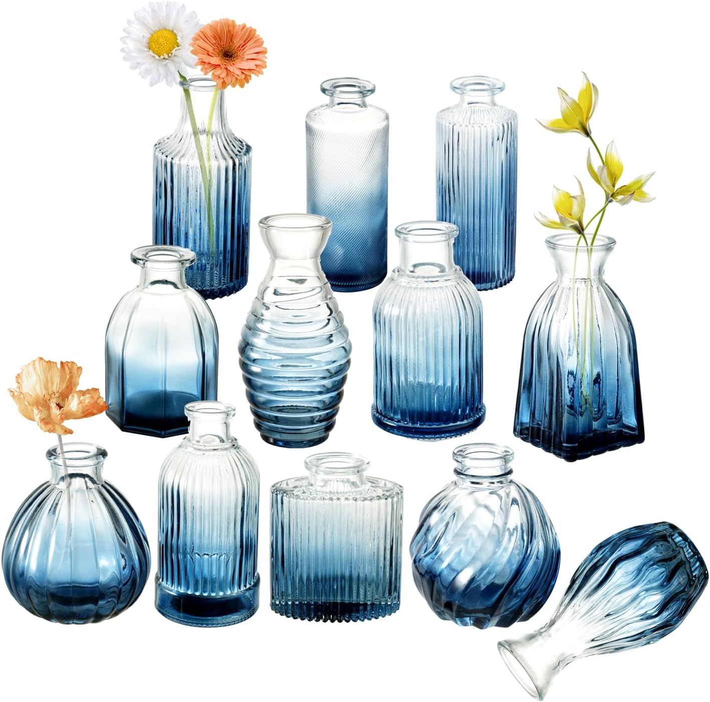 Bud Vases Set of 12, Gradient Blue Glass Vase Vintage Flower Vase for Decor Ribbed Small Bud Vases in Bulk Cute Wedding Birthday Party Centerpieces Table Decoration Home Decor