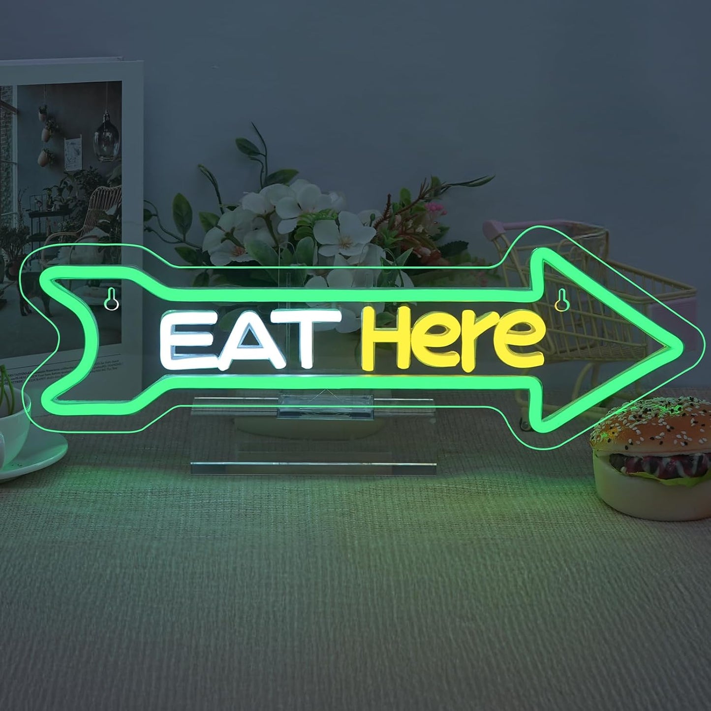 Looklight Eat Here Arrow Neon Sign Dimmale Neon Lights For Wall Decor Led Lights For Home Kitchen Restaurant Bar Party Decor USB Powered 16.6x5.5in
