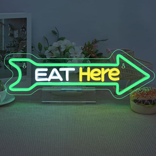 Looklight Eat Here Arrow Neon Sign Dimmale Neon Lights For Wall Decor Led Lights For Home Kitchen Restaurant Bar Party Decor USB Powered 16.6x5.5in