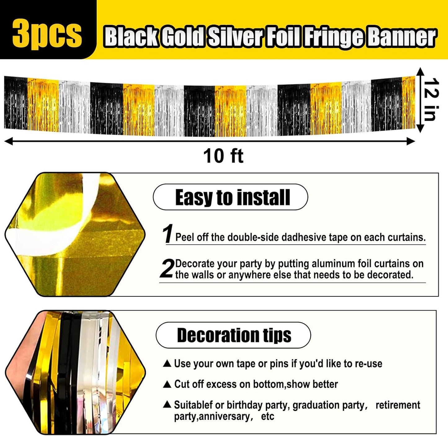 3 Pack 10 Feet Black Gold Silver Foil Fringe Garland Metallic Tinsel Streamers Banner Wall Hanging Curtain Backdrop for Parade Floats Christmas, Valentine's, Thanksgiving, Birthday Party Decorations