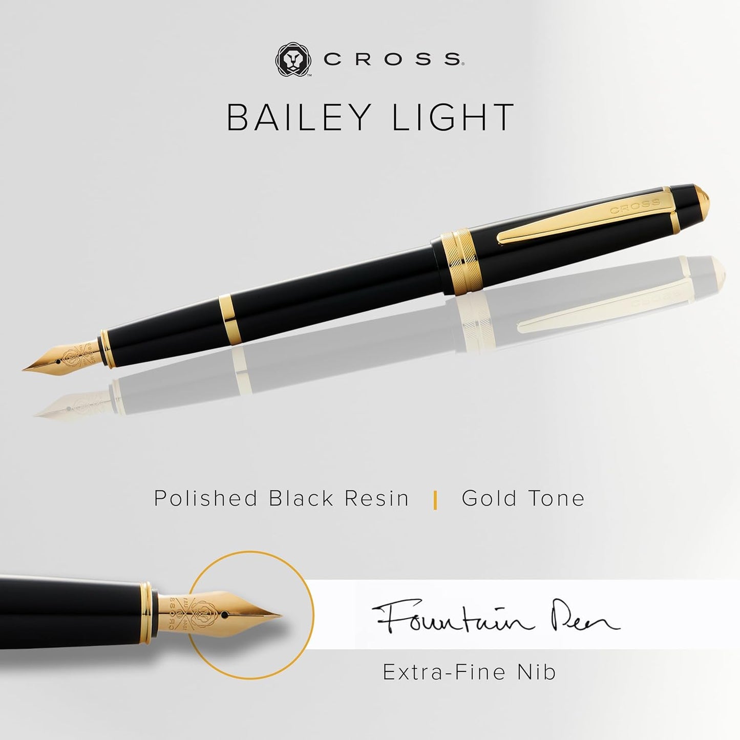 Cross Bailey Light Refillable Fountain Presented in a Everyday Gift Box - Medium Point, Black Ink, Polished Black
