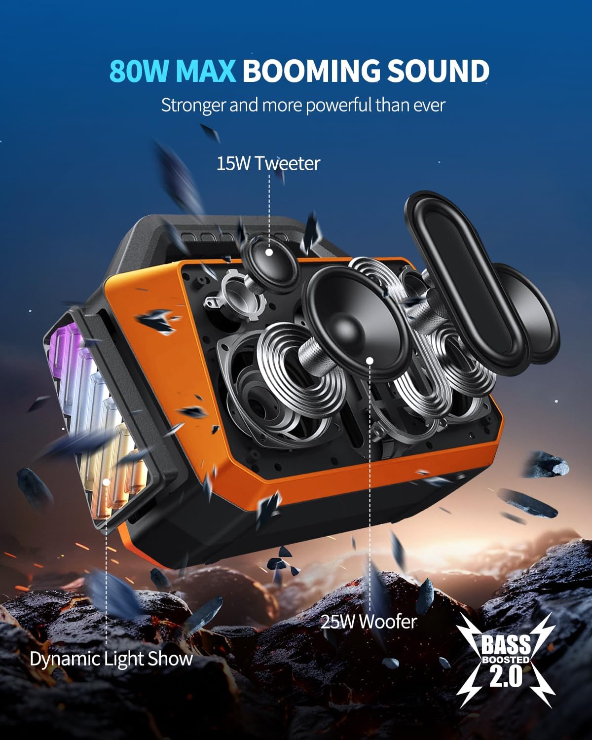 Bluetooth Speaker - 80W Loud, Rugged Outdoor Speakers, IPX6 Waterproof, 20H Playtime, Deep Bass, Lightshow, TWS, BT 5.3 Wireless, Portable for Travel Hiking Camping Beach Pool - Orange