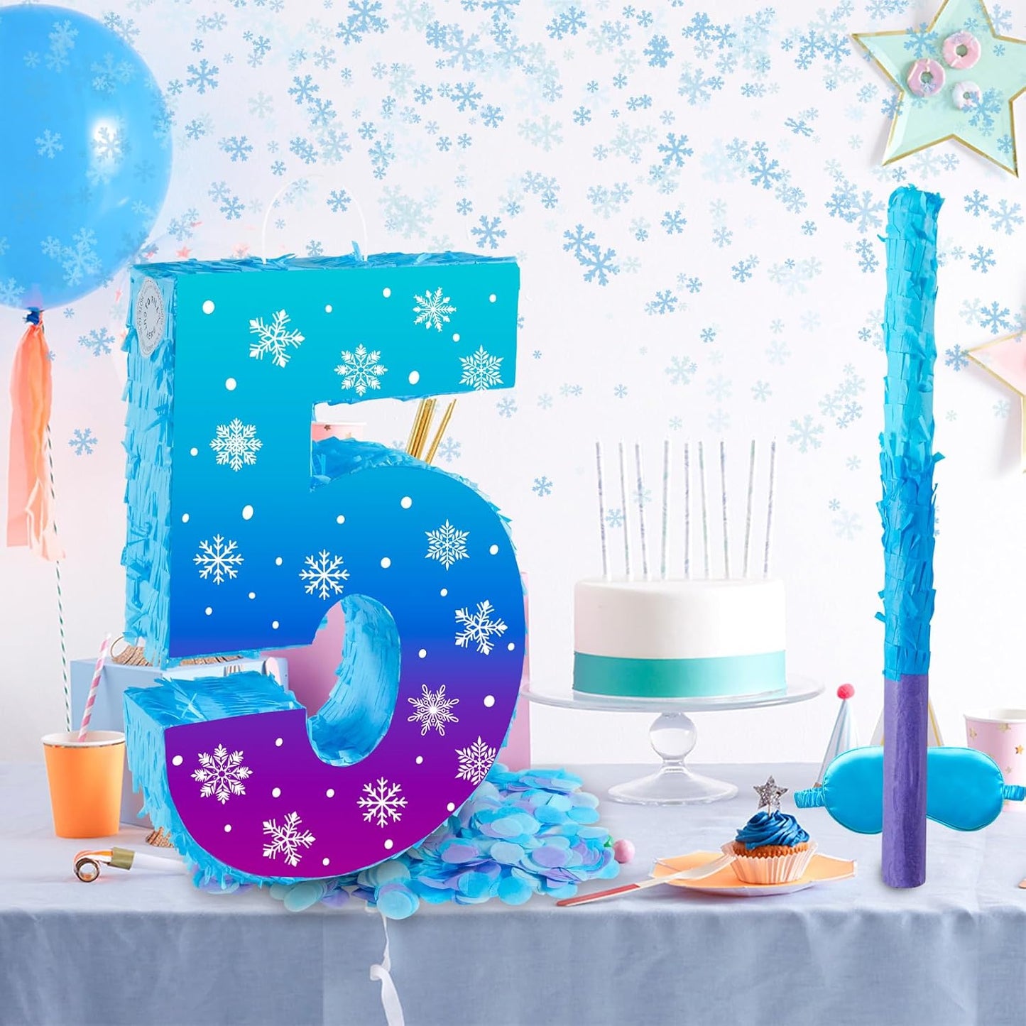 Snowflake Birthday Decorations, Winter Ice Snowflake Number 5 Pinata with Stick Blindfold and Confetti Snowflake Piñata 5th Birthday Party Decoration & Supplies (Snowflake 5)