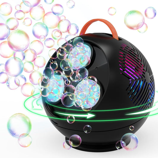 Bubble Machine Automatic Bubble Blower for Kids Toddlers Rechargeable Portable Spherical LED Bubble Maker Electric Auto Rotating 45°/360° Outdoor Toy Birthday Party Wedding (Spherical Black)