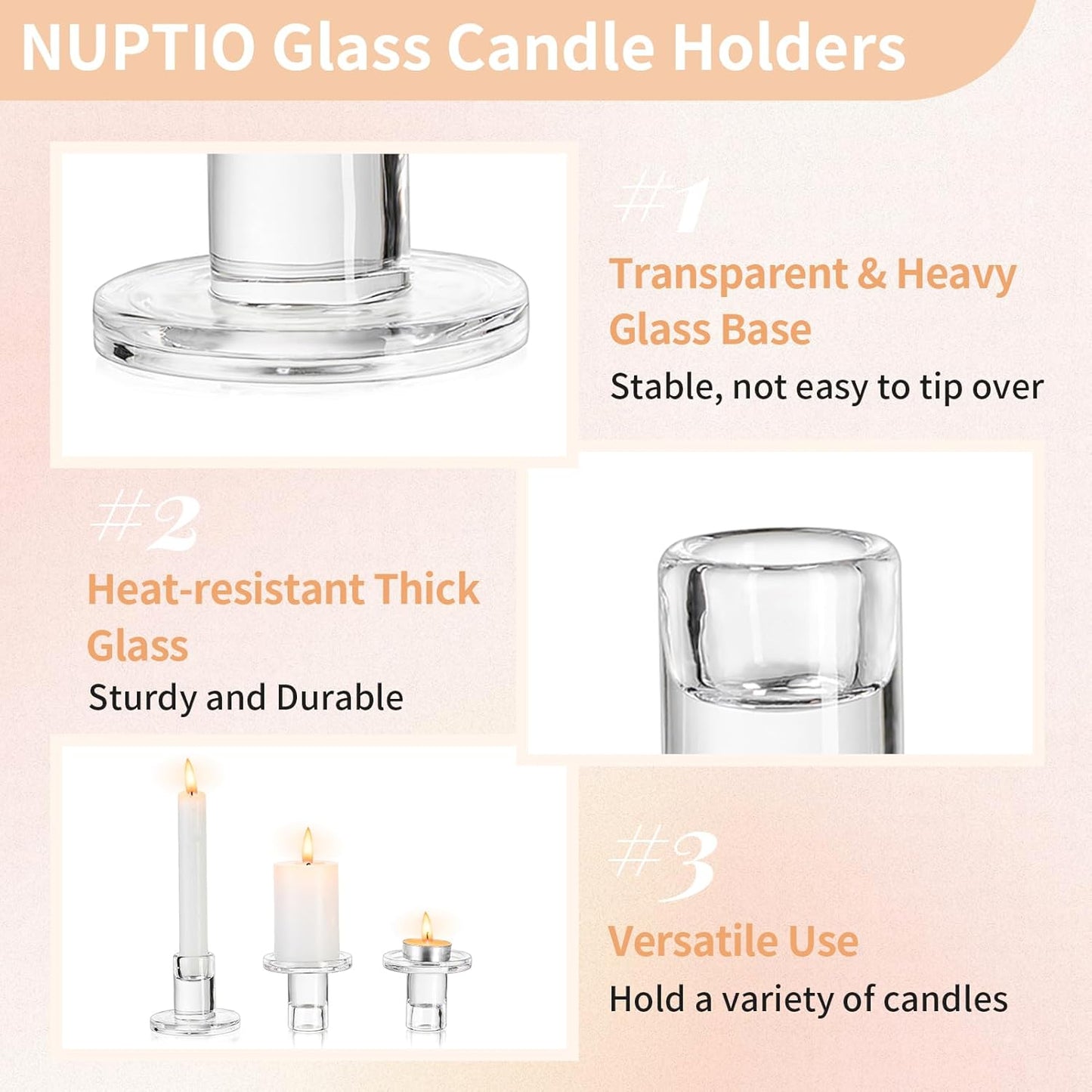 NUPTIO Glass Taper Candle Holders: Set of 2 Clear Small Candlestick Tapered Holder for Candles Sticks Modern Short Tapers Candleholders for Wedding Christmas Thanksgiving Party Table Decor