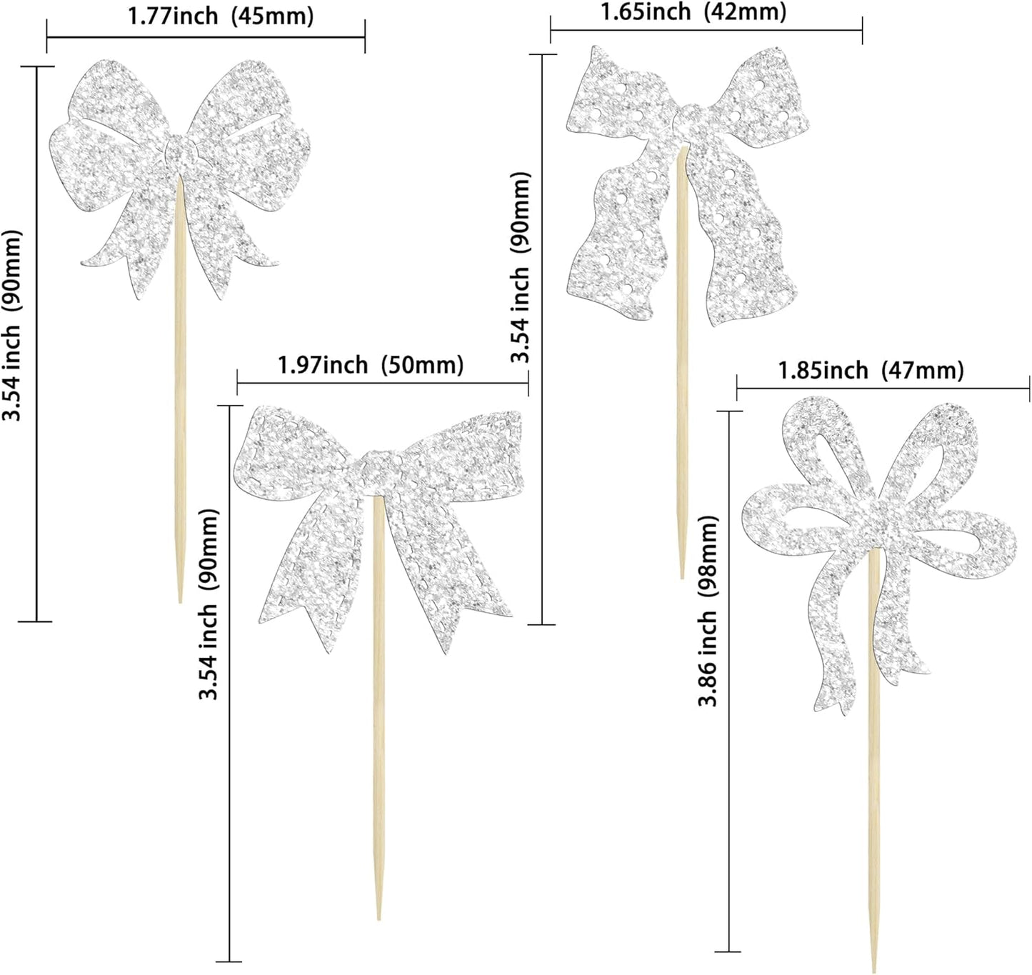 Ephlyn 24pcs Silver Bow Cupcake Toppers for Birthday, Baby Shower, Bridal Shower, Wedding, Bachelorette Party