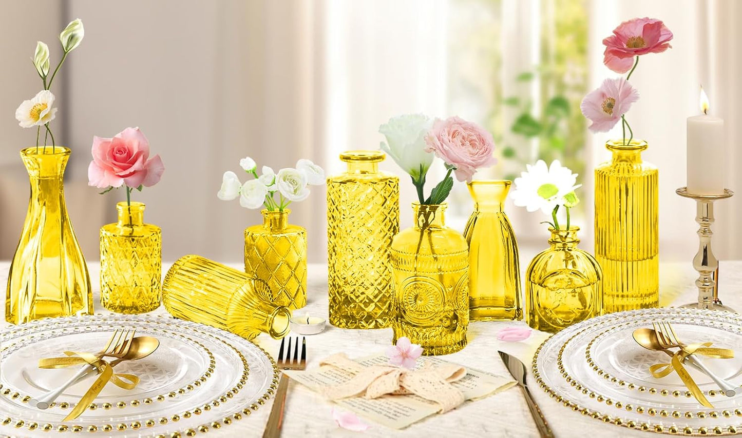 Light Yellow Glass Bud Vases Set, 24 Pcs Vintage Small Vases for Flowers, Crystal Mini Glasses in Bulk, Small Flower Design for Centerpieces Wedding Decorations Home Flower Party Decor