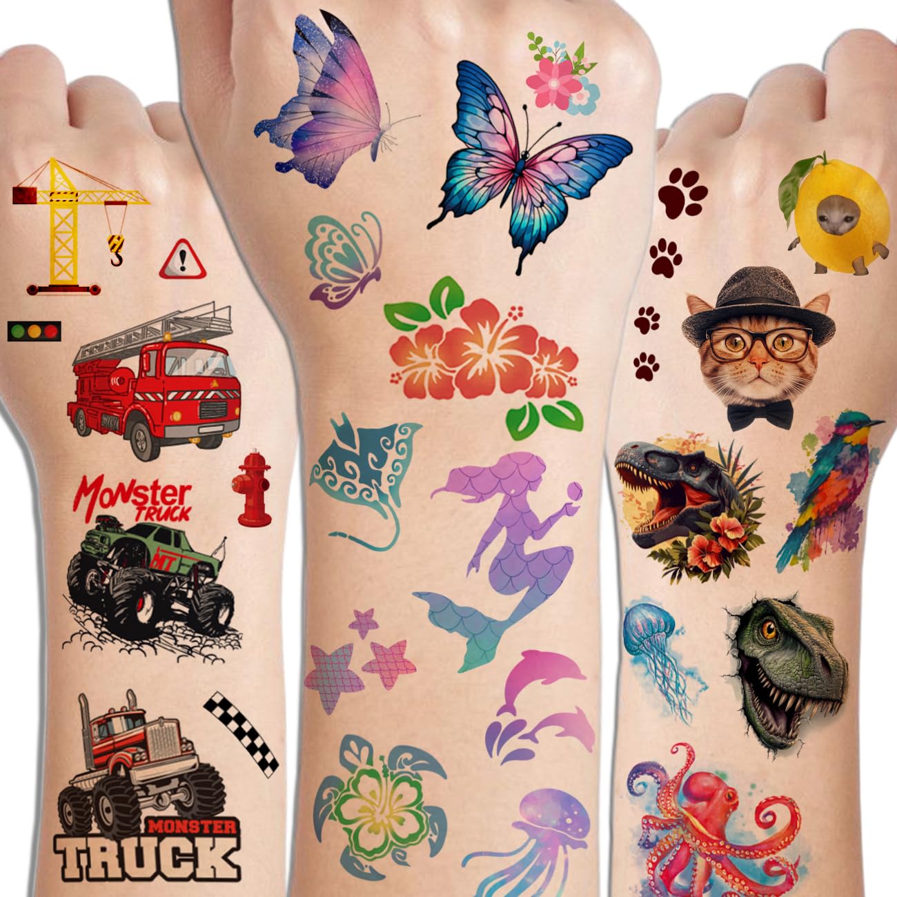 Temporary Tattoos for Kids - 320 Mixed Styles (36 Sheets) Tattoo Stickers Set for Boys and Girls, Car Dinosaur Hawaii Mermaid Watercolor Animals Tattoos for Kids Birthday Party Supplies
