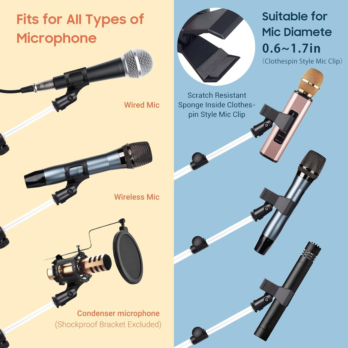 CAHAYA Microphone Stand Tripod Boom Arm Floor Mic Stand with Carrying Bag and 2 Mic Clips for Singing Performance Wedding Stage and Mic Mount White