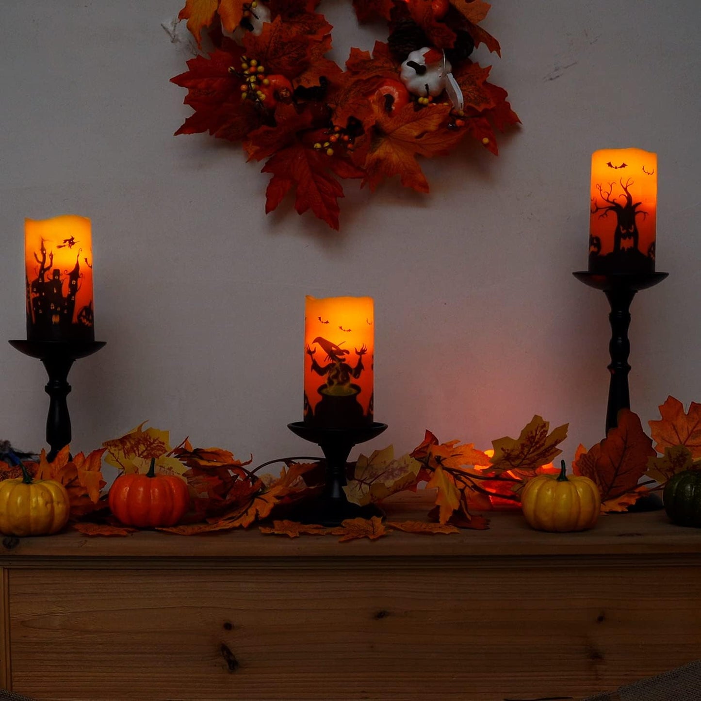 Homemory Halloween Candles, Orange Flameless Candles, Real Wax Flickering Battery Operated LED Pillar Candles with Remote Timers for Halloween Spooky Decoration, Day of The Dead, 3”x6”, Set of 3