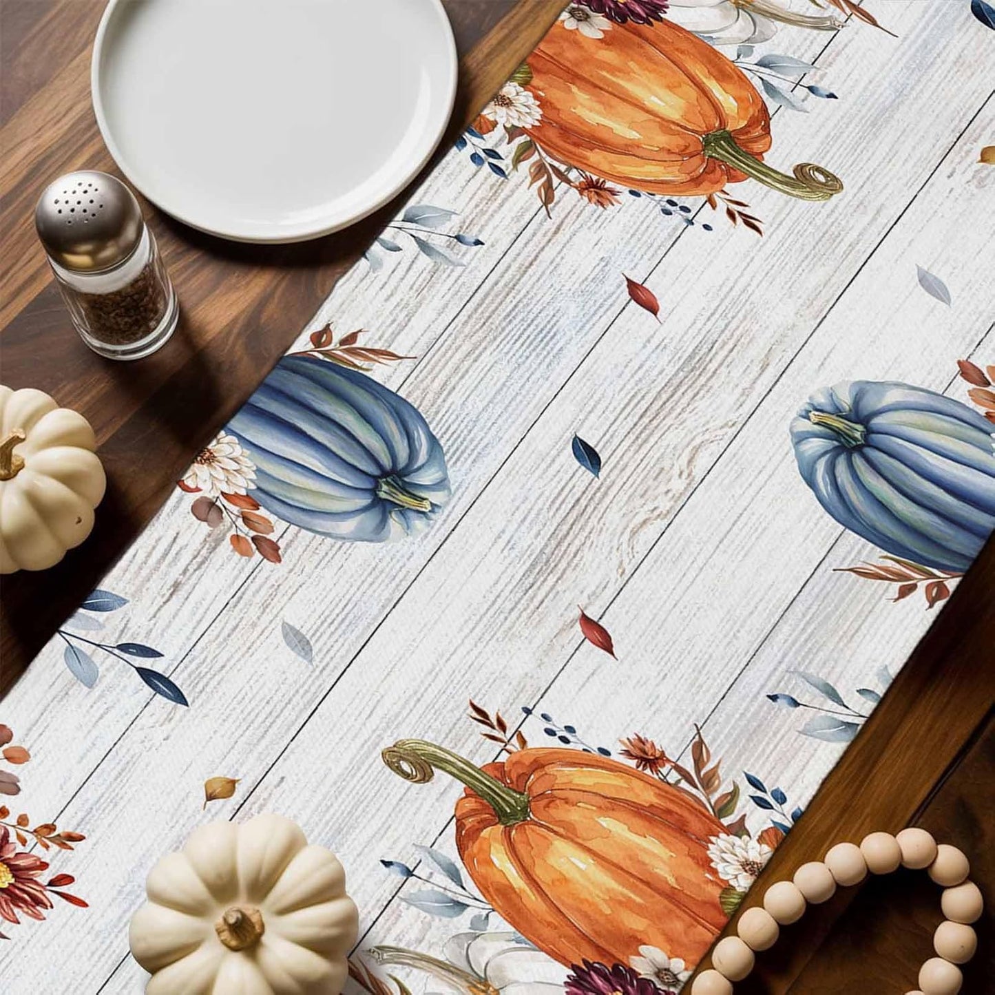 Thanksgiving Fall Cotton Linen Table Runner for Dining Kitchen, Pumpkins Eucalyptus Wedding Outdoor Party Tablerunners Decoration, Farmhouse Wooden Dresser Scarf Coffee Tablecloth Runners 13x36 Inches