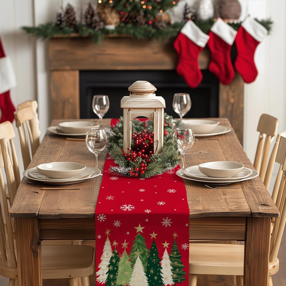 GEEORY Christmas Table Runner 13x36 Inch, Xmas Trees Snowflakes Holiday Decorative Farmhouse Table Decoration for Kitchen Dinning, Indoor Outdoor Dinner Party Decor (Red) GT150-36