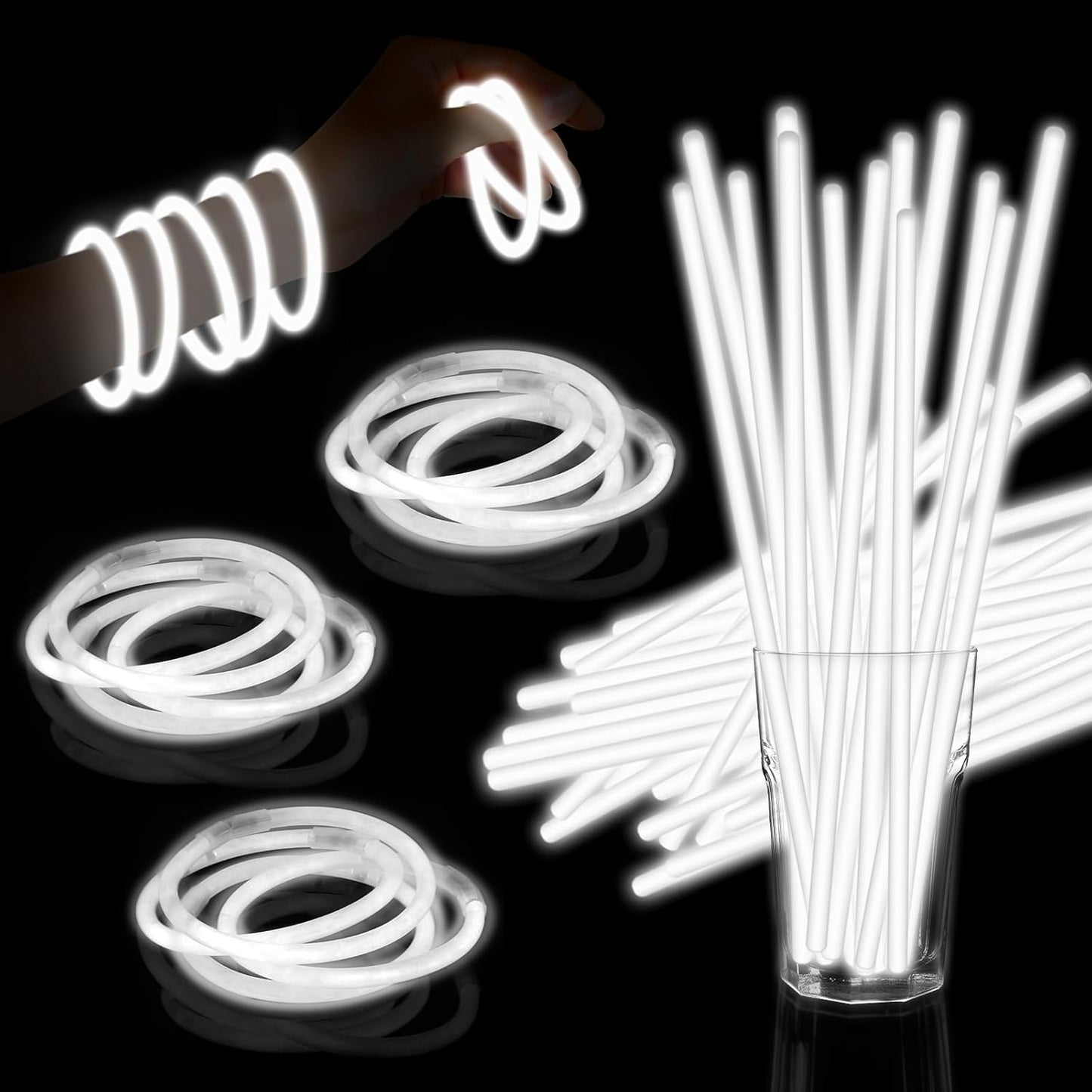 60 Pack 8” White Glow Sticks Bulk with 60 Connectors Neon Glow In The Dark Party favors Supplies for Holiday Birthday Party Decoration (White)