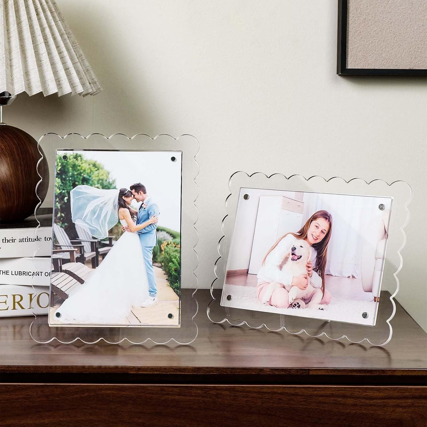 Cuspin 5x7 Acrylic Frames Set of 2 Scalloped Picture Frame, Clear Magnetic Acrylic Photo Frames with Dual Kickstand Holes for Vertical and Horizontal Display