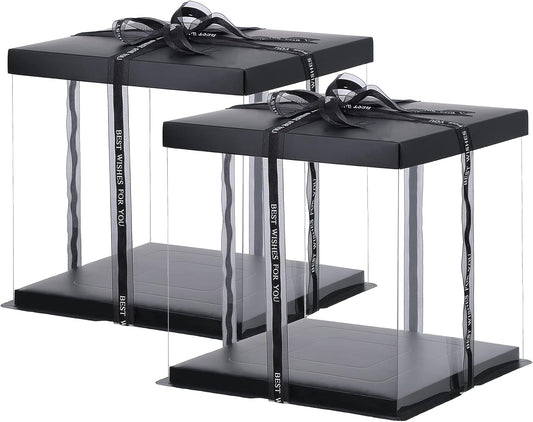 XININSUN 2Pcs Large Cake PET Clear Box, 10" X 10" X 9" with ribbon and pre-folded lid, for 8" cake packing carry, baking cookie display, Carry Tall Layer Gift, Festive Gift Box -Black