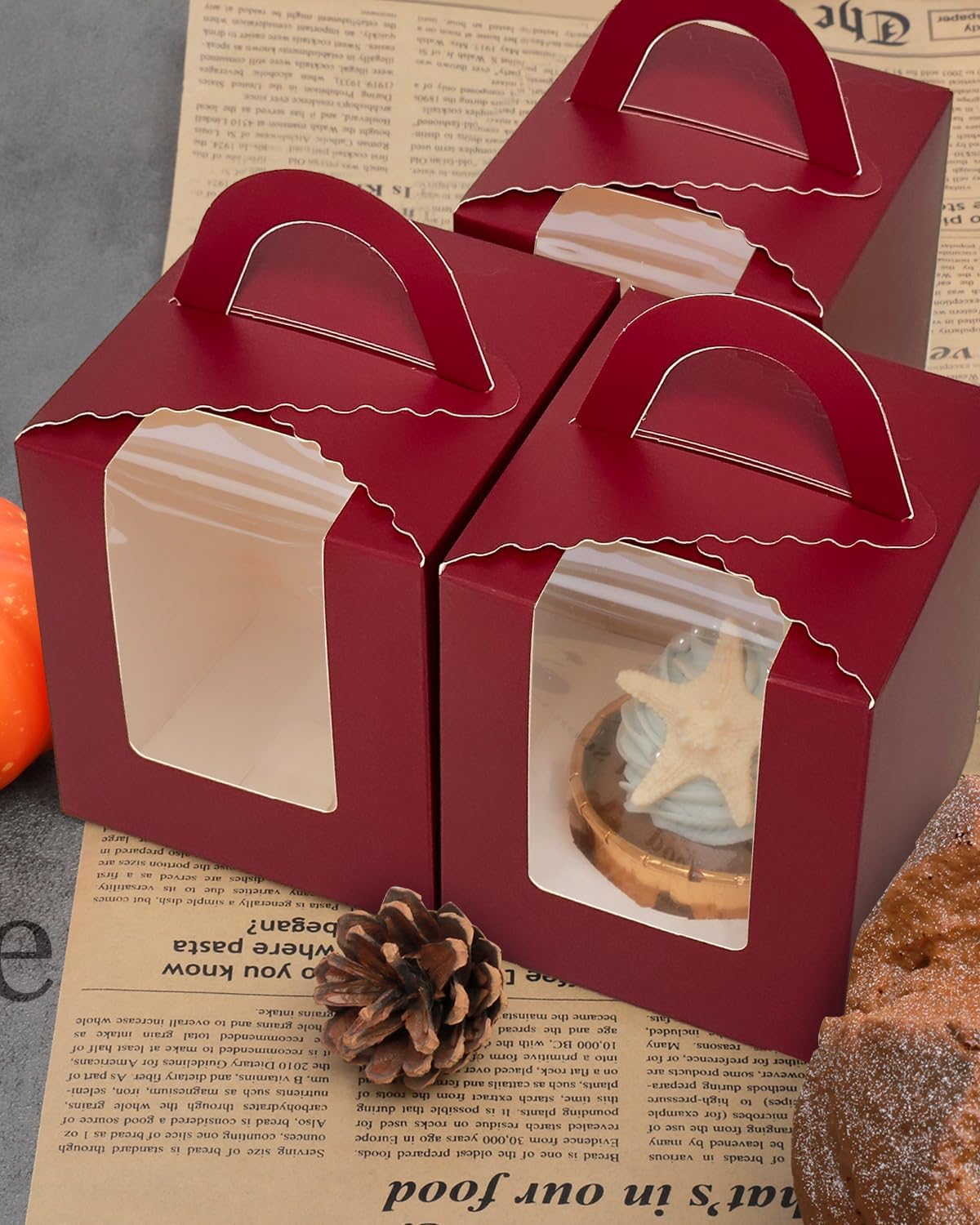 qiqee Wine Cupcake Boxes Individual Cupcake Holders Disposable 50pcs Single Cupcake Boxes with Window 3.7" 3.7"*4.5" Cupcake Containers