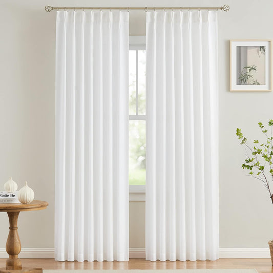 Vision Home White Pinch Pleated Semi Sheer Curtains Textured Light Filtering Window Curtains 84 inch for Living Room Bedroom Rayon Blended Pinch Pleat Drapes with Hooks 2 Panels 40" Wx84 L