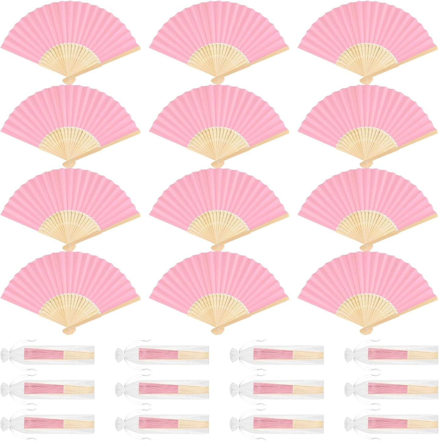 12 Pieces Pink Hand Held Bamboo Folding Fans Paper Fans Handheld for Women Foldable Girls Wedding DIY Decoration Church Home Party Favors Summer