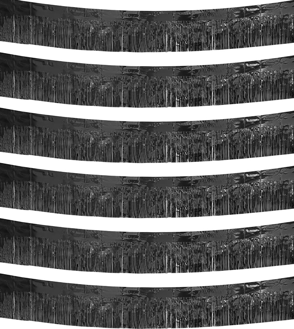 6 Pack Black Total 60 Feet Foil Fringe Garland Metallic Tinsel Banner Wall Hanging Drapes Parade Float Skirting Decorations for Trailer Mardi Gras Party Birthday Wedding (Black)