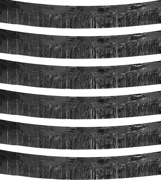 6 Pack Black Total 60 Feet Foil Fringe Garland Metallic Tinsel Banner Wall Hanging Drapes Parade Float Skirting Decorations for Trailer Mardi Gras Party Birthday Wedding (Black)