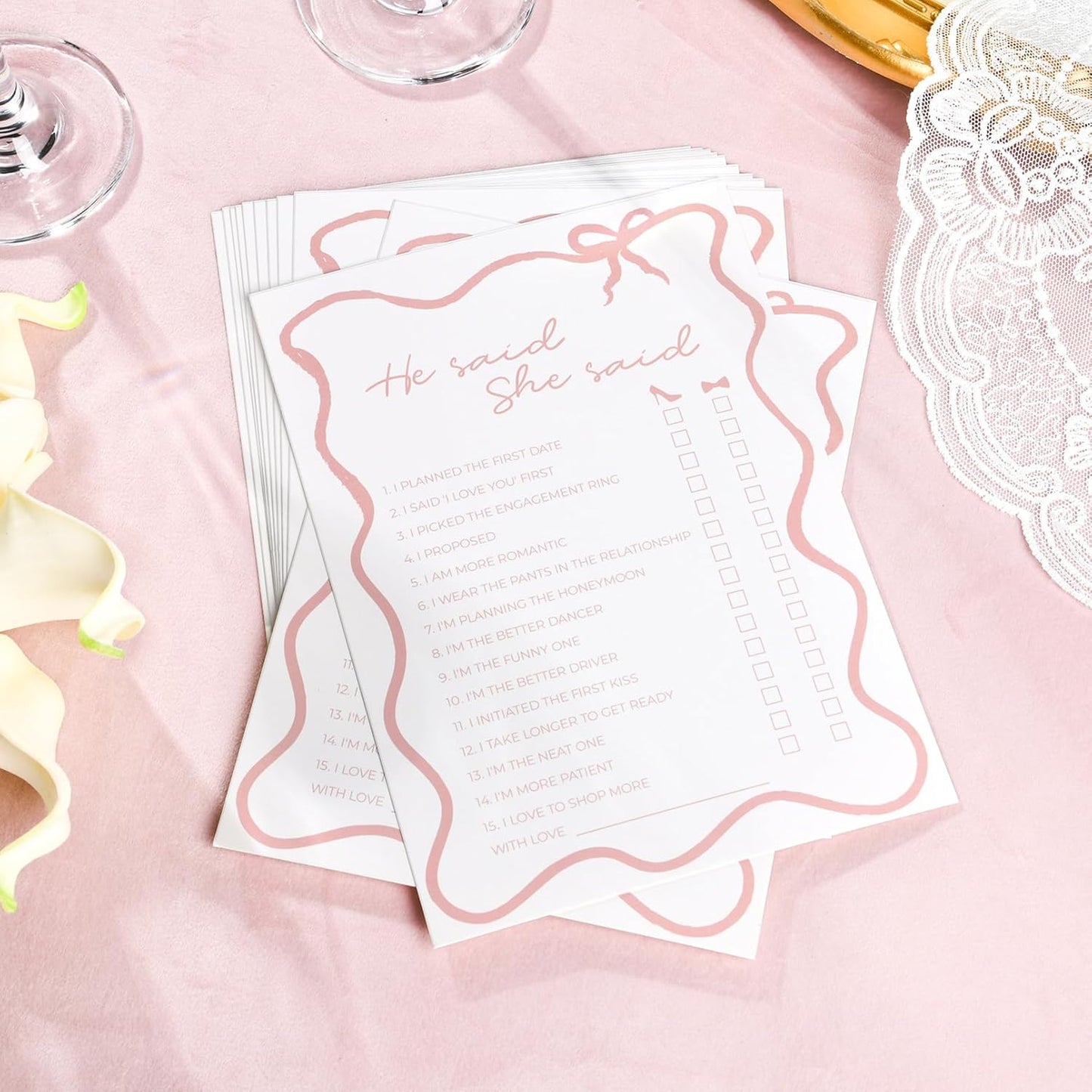 DEEKA 30 PCS Bridal Shower Games Card for 30 Guests White Pink Wavy Border Ribbon Bow Funny Wedding Bachelorette Party Games for Reception (He Said She Said)