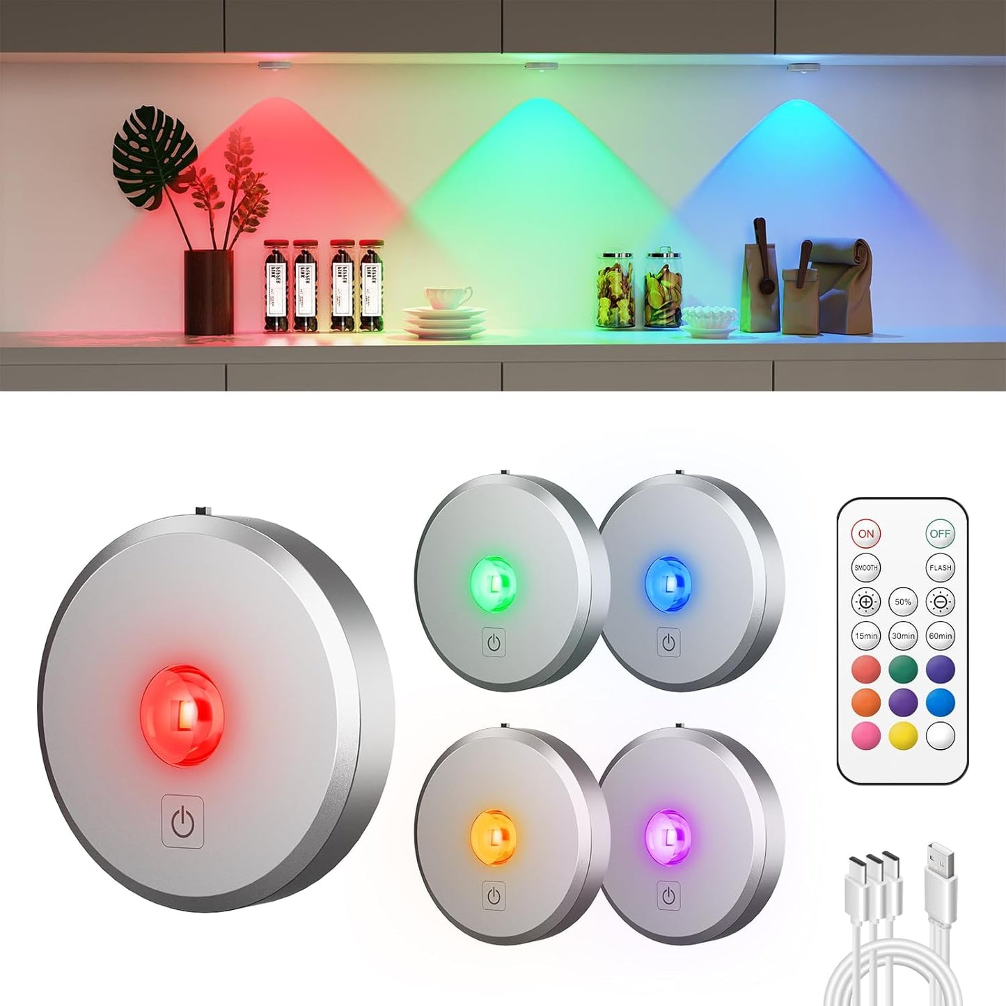 RGB Puck Lights with Remote Control, 2000mAh Rechargeable Stick on Led Lights, 9 Colors & 2 Dynamic, Tap Light with Timing,Under Cabinet Lighting for Closet,Kitchen,Cabinet,Shelf(Silver, 5 Pack)