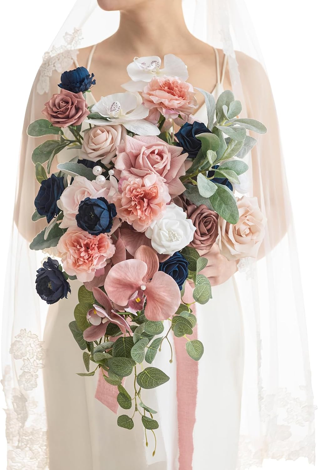 Ling's moment Dusty Rose Navy Blue Bridal Bouquet Cascading, Pink and Blue Wedding Bouquets for Bride, 15 Inch Silk Artificial Wedding Flower Bouquet