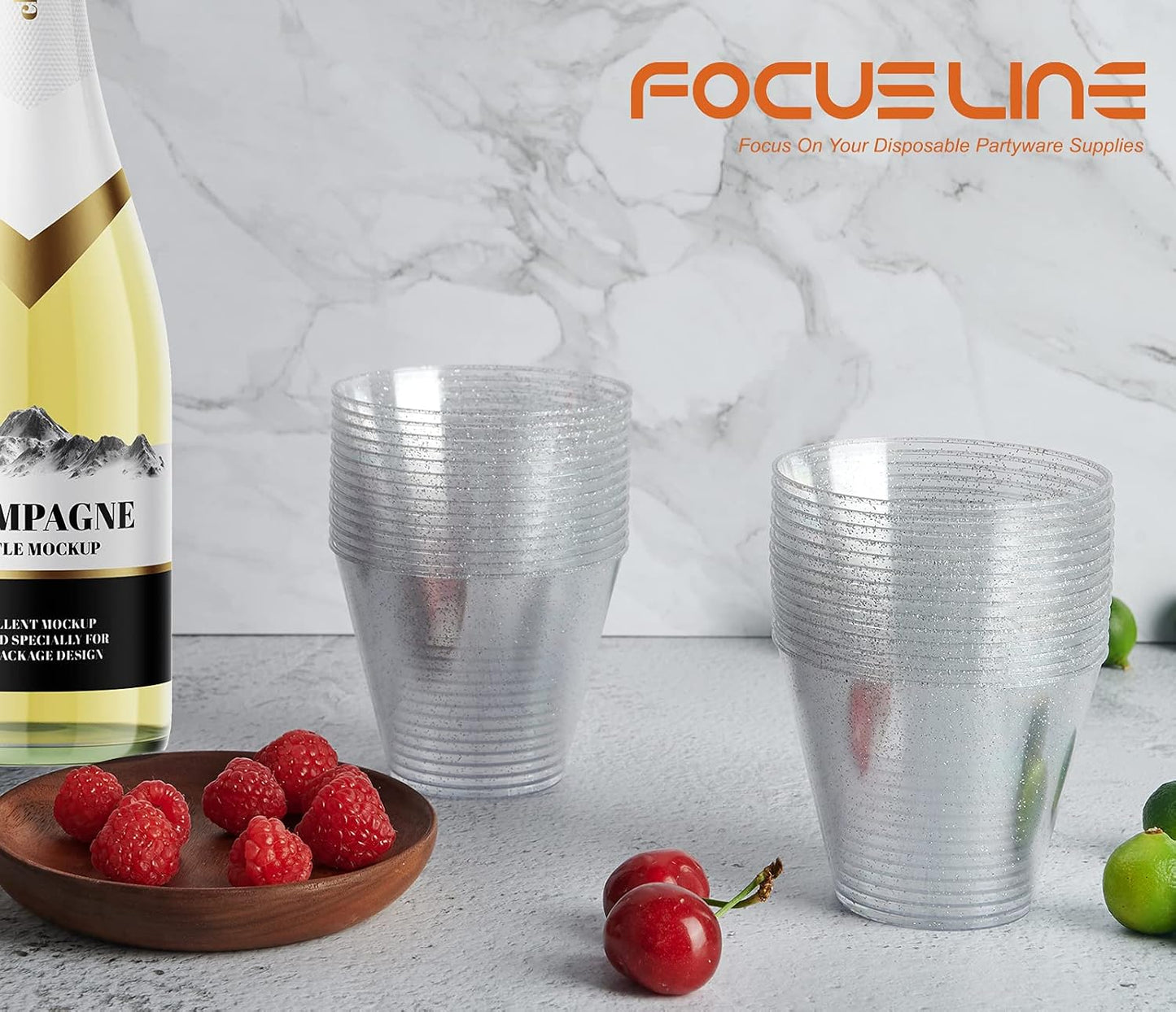 FOCUSLINE 9 oz Silver Plastic Cups, Disposable Clear Fancy Hard Plastic Cups, Silver Glitter, Heavy Duty, Reusable,100 Count