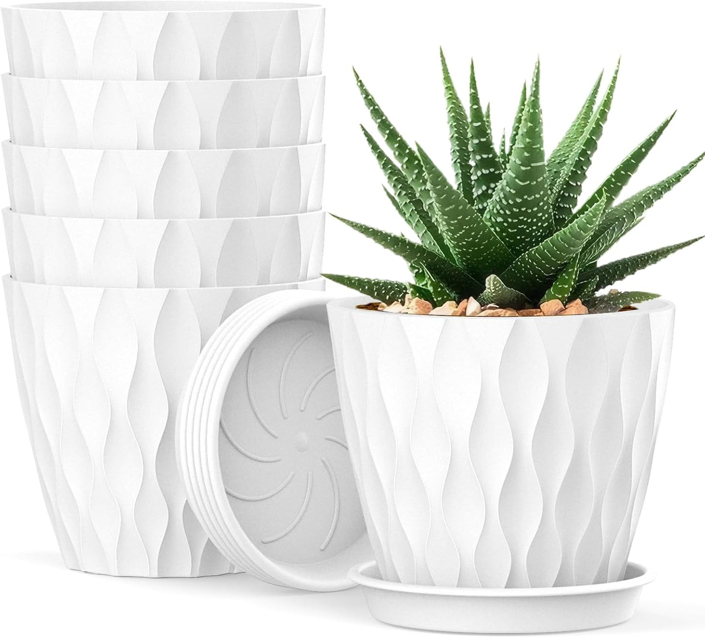 4 Inch Small Pots for Plants, 6 Pack Waffle Texture Small Plant Pots for Succulents, Plastic Planter with Drainage Holes and Saucers for Indoor Outdoor Plants, Flowers, Herbs, Seedlings, White