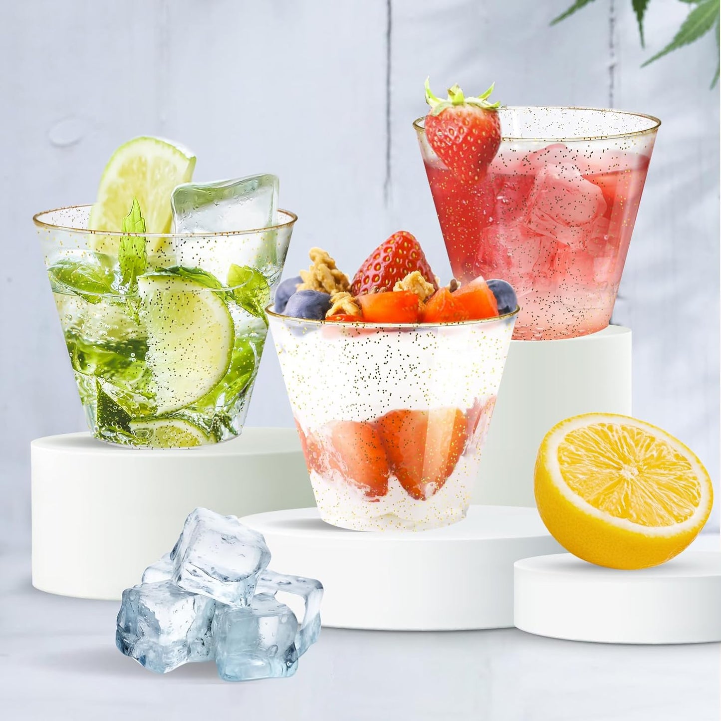 [100 Pack] 9oz Plastic Cups with Gold Glitter Sturdy & Food Safe Disposable Wine Glasses Party Wedding Cups Disposable Drinking Cups Plastic Cocktail Glasses for Wine, Cocktails & Cold Beverages