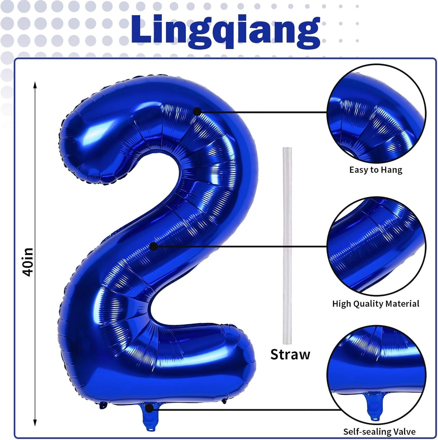 40" Balloon Number 2 Navy Blue, Large Dark Blue Foil Number Balloons Set 0-9, Royal Blue 2 Helium Balloons for Boys 2nd 12th 20th Birthday Anniversary Graduation Party Decoration Supplies