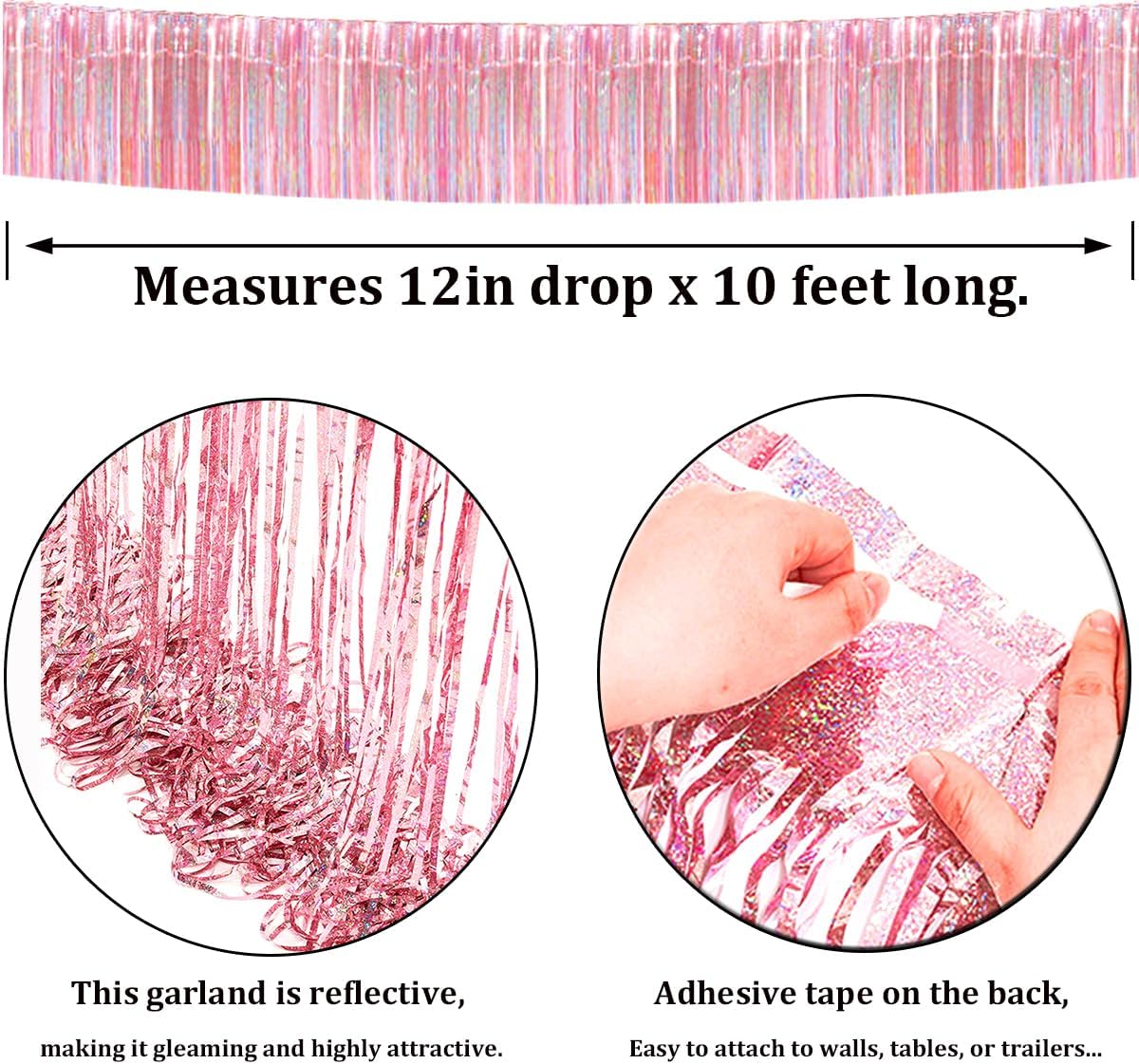4 Pack Iridescent Pink Total 40 Feet Foil Fringe Garland Metallic Tinsel Banner Wall Hanging Drapes Parade Float Skirting Decorations for Trailer Mardi Gras Party Birthday Wedding