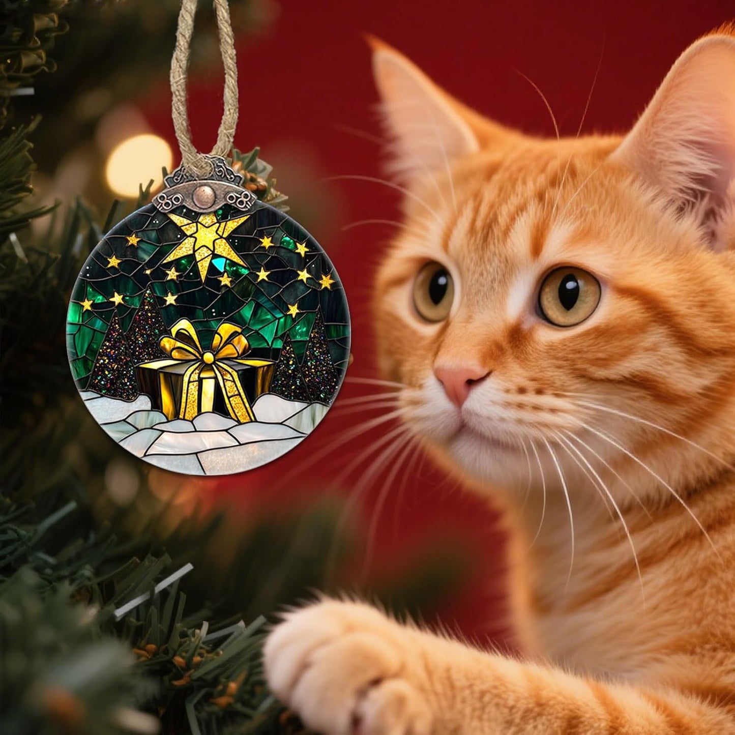 Stained Glass Christmas Decorations, Gold Star Suncatcher for Window Christmas Tree Hanging Ornaments Green Winter Night Scene Sun Catcher Xmas Decor Gifts for Women Men Mom Nana Friend